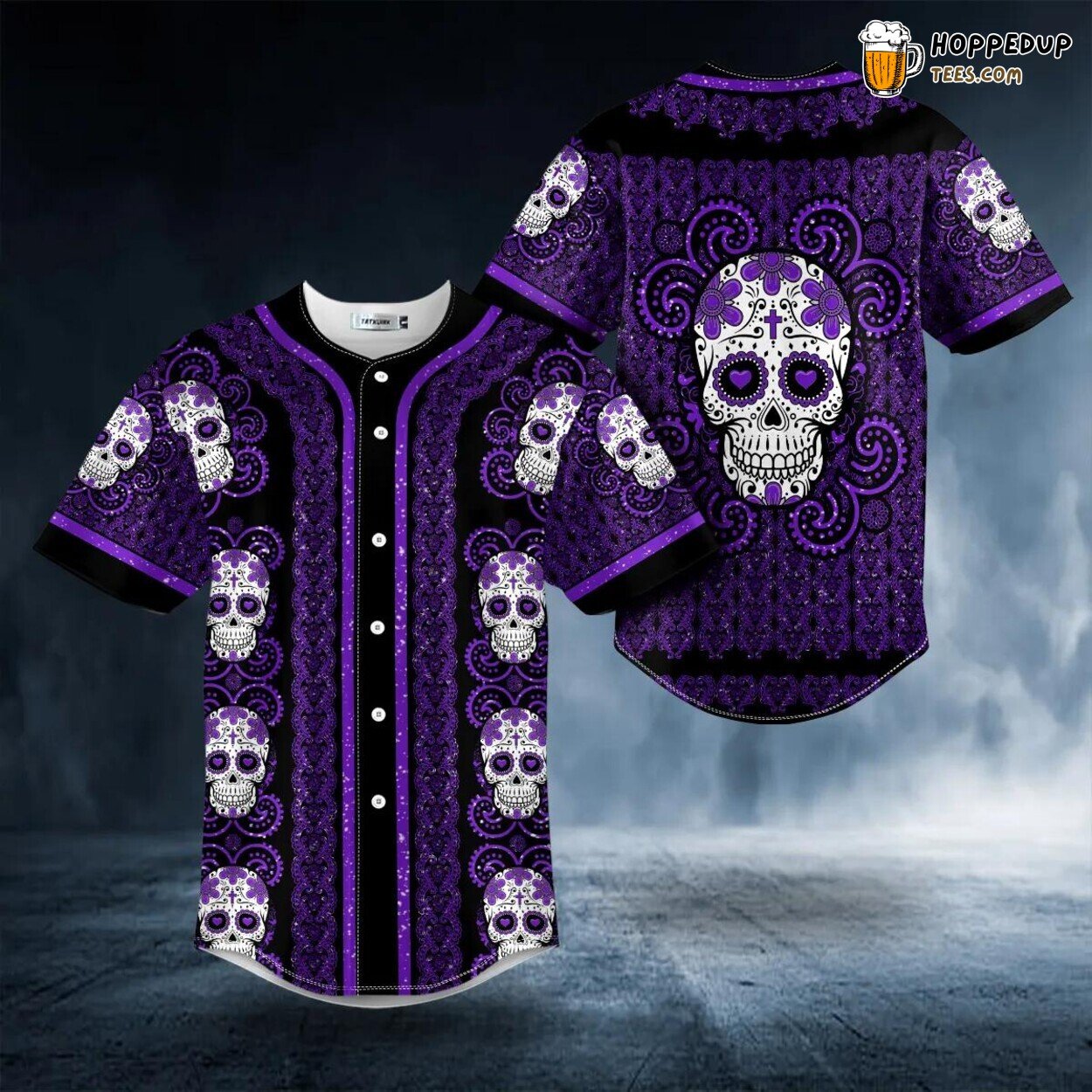 Paisley Purple Sugar Skull Head Pattern Baseball Jersey Graphic Tees 3D Print