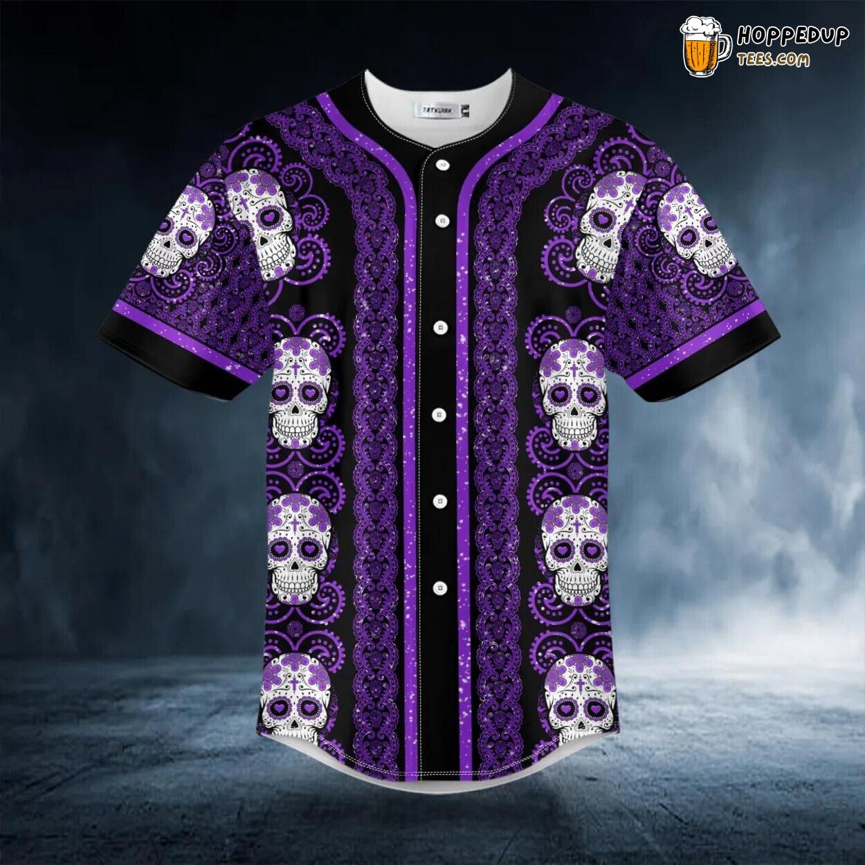 Paisley Purple Sugar Skull Head Pattern Baseball Jersey Graphic Tees 3D Print