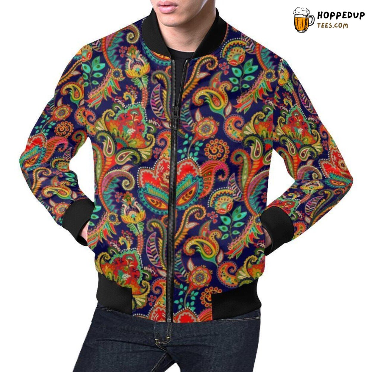 Paisley Red Flower Design Men’s Bomber Jacket Ornate Floral Fashion Wear Look