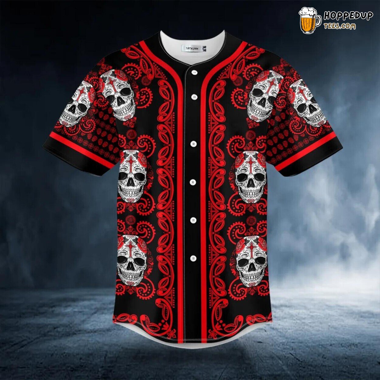 Paisley Red Sugar Skull Head Design 3D Printed Baseball Jersey Tee