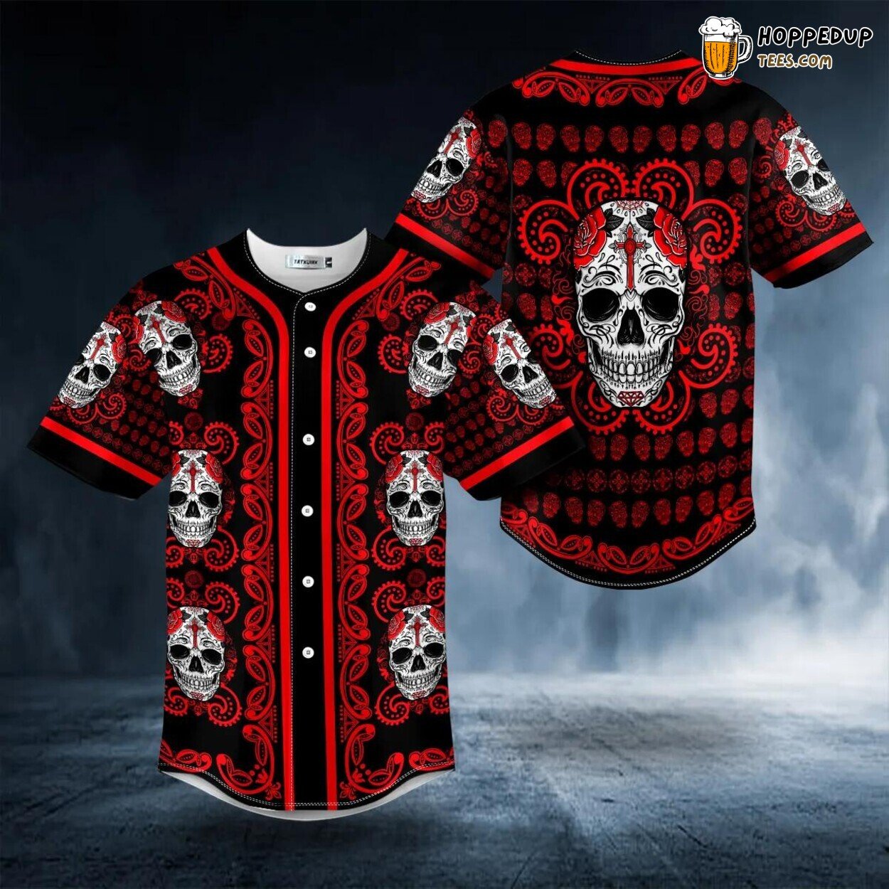 Paisley Red Sugar Skull Head Design 3D Printed Baseball Jersey Tee