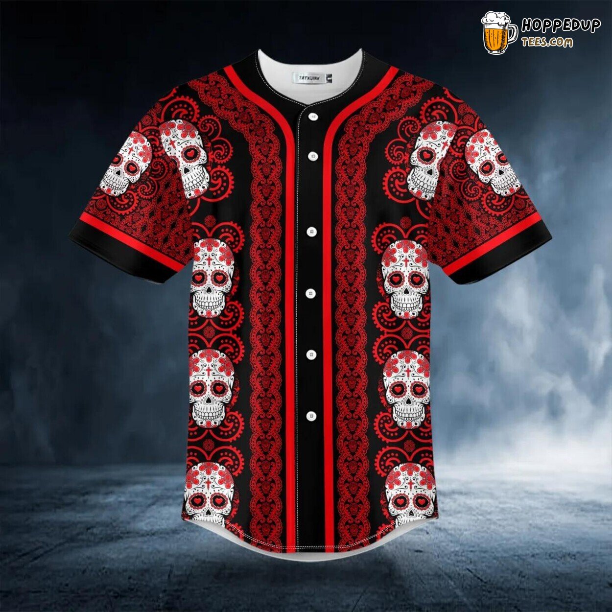 Paisley Red Sugar Skull Head Pattern Baseball Jersey Graphic Tees 3D Print