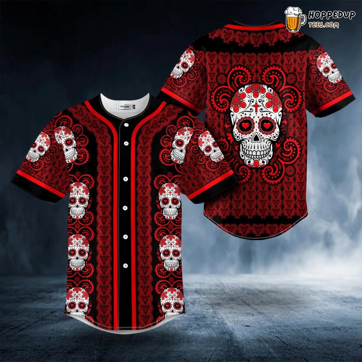 Paisley Red Sugar Skull Head Pattern Baseball Jersey Graphic Tees 3D Print