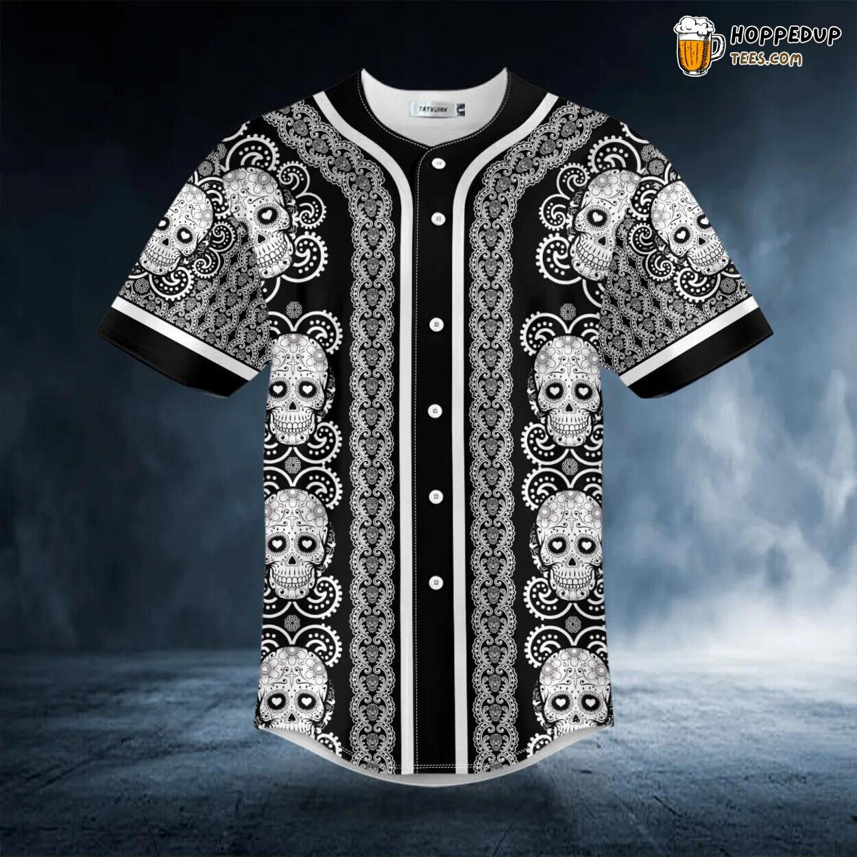Paisley White Sugar Skull Head Pattern Baseball Jersey Graphic Tees 3D Print