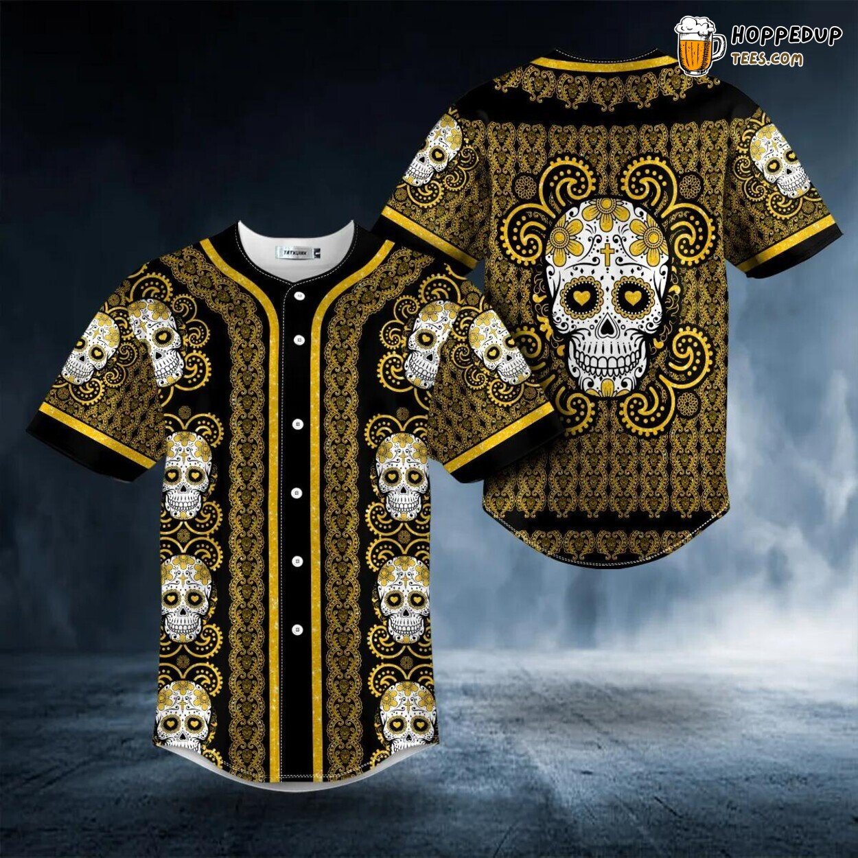Paisley Yellow Sugar Skull Head Pattern Baseball Jersey Graphic Tees 3D Print