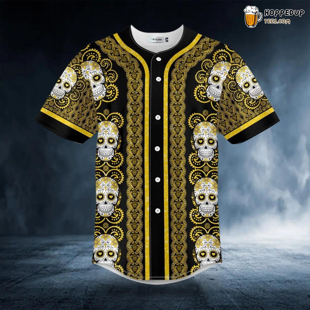 Paisley Yellow Sugar Skull Head Pattern Baseball Jersey Graphic Tees 3D Print