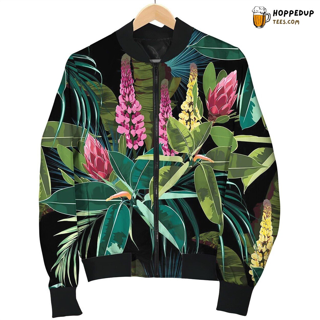 Palm Leaves Ficus And Lupines Flowers Pattern Bomber Jacket