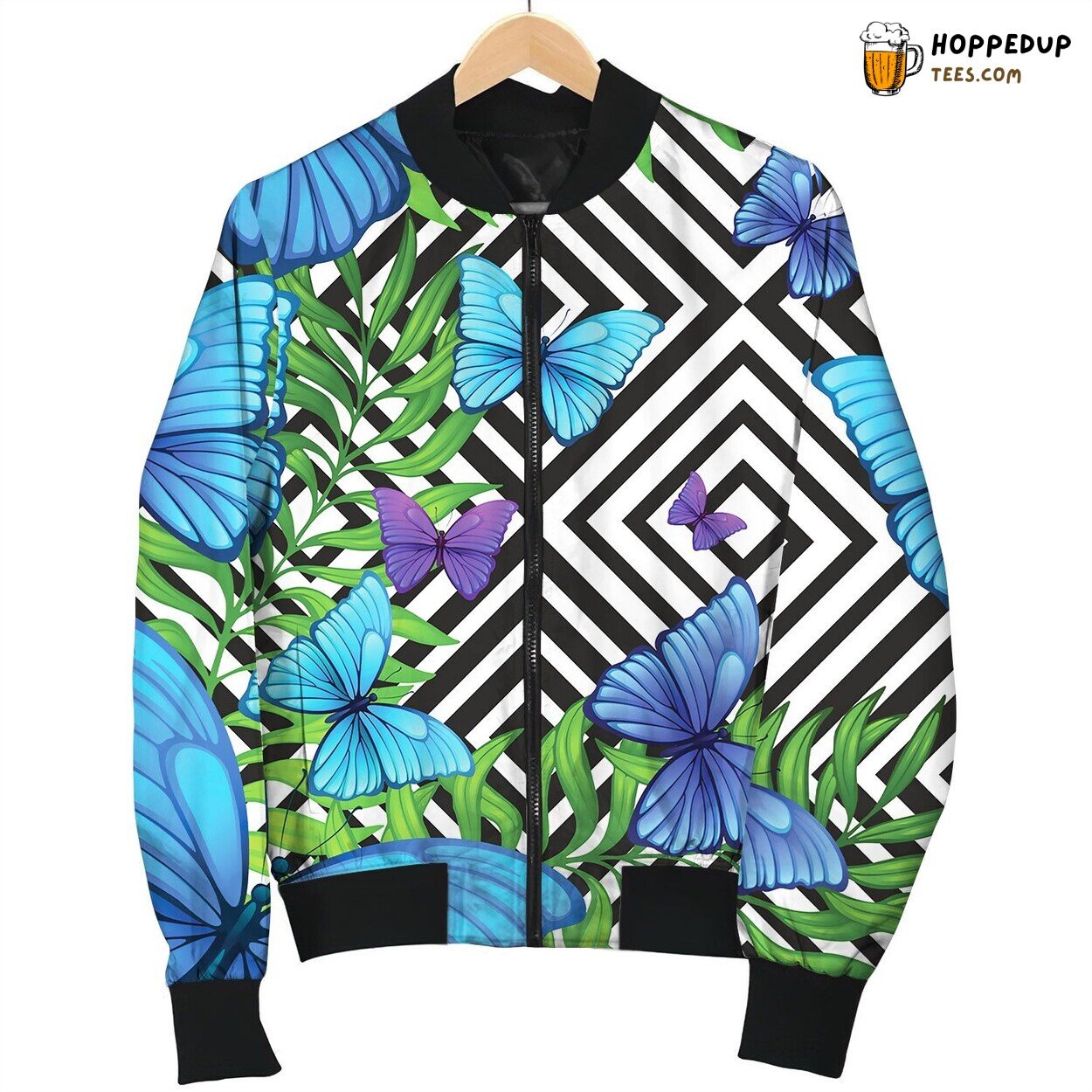 Palm Leaves Tropical Pattern With Blue Bomber Jacket