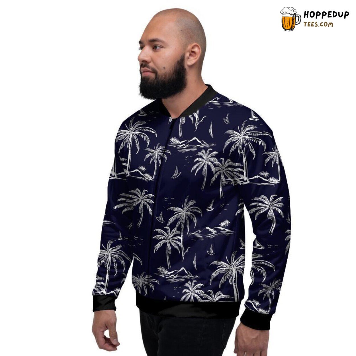 Palm Tree Hawaiian Black Vibrant Print Men’s Bomber Jacket Tropical Art Display