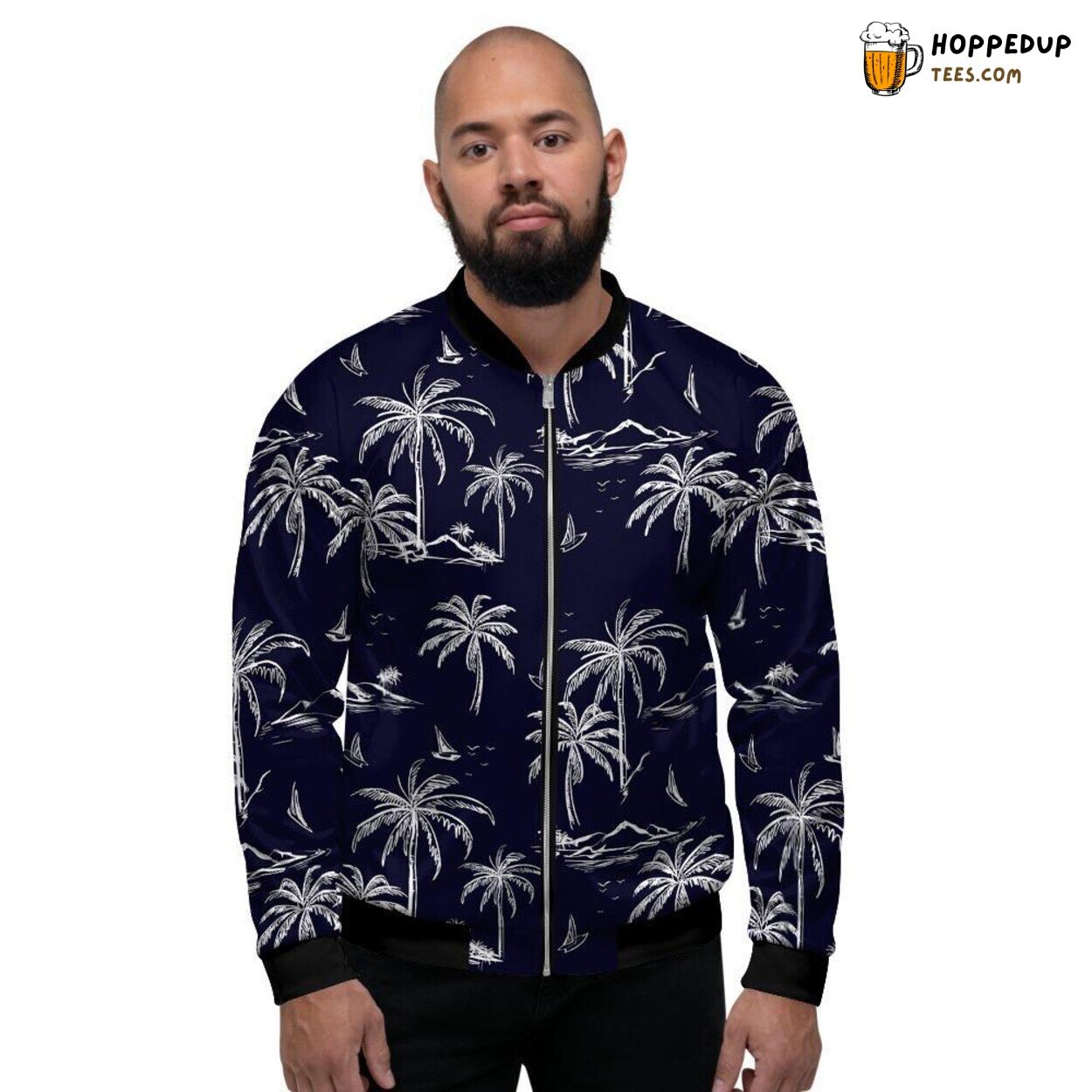 Palm Tree Hawaiian Black Vibrant Print Men’s Bomber Jacket Tropical Art Display