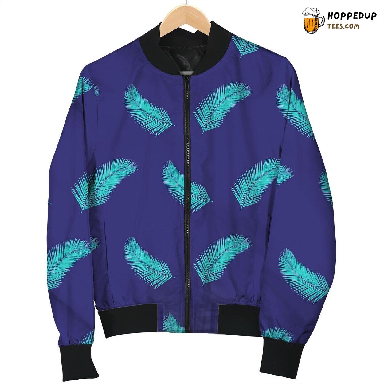 Palm Tree Leaves Seamless Pattern Teal Bomber Jacket