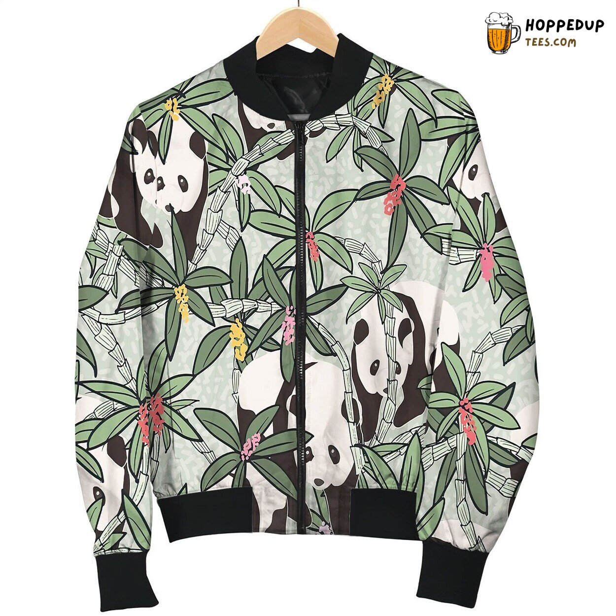 Panda Imagery On Winter Bomber Jacket Bamboo Themed Elements