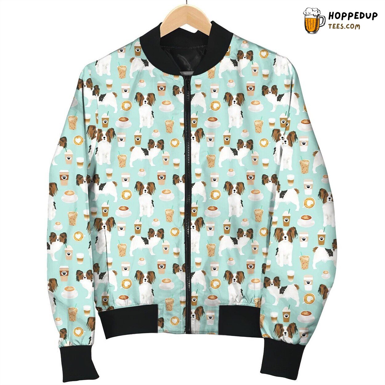 Papillon Dog Coffee Mint Fabric Bomber Jacket