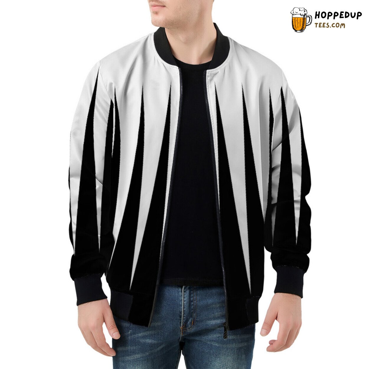 Parallel Beauty Men’s Bomber Jacket Adorned in Black White Stripes