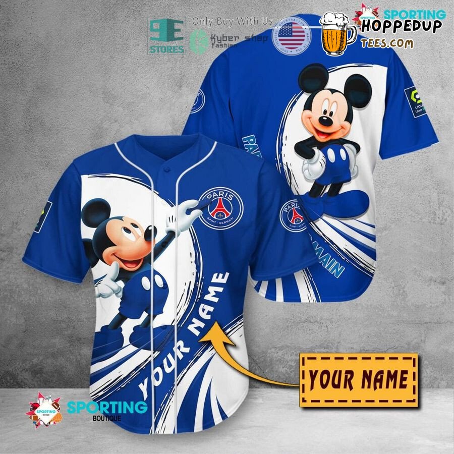 Paris SaintGermain FC Custom Name Mickey Mouse Blue Baseball Jersey Unisex Shirt