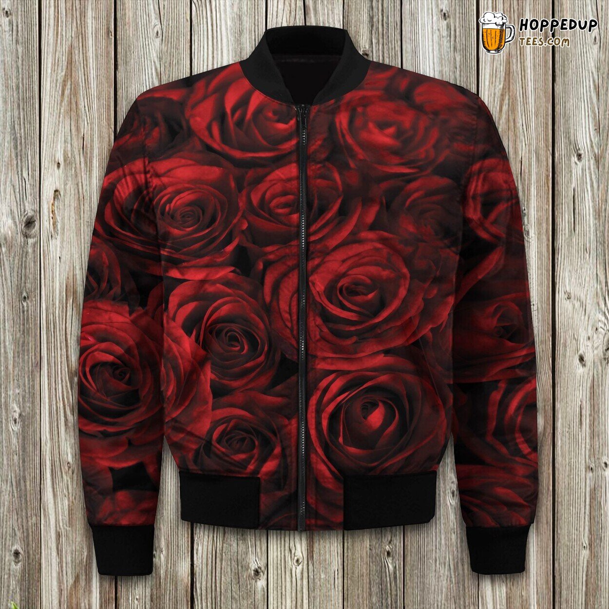 Passionate Red Roses Print Winter Bomber Jacket Romantic Floral Elegance