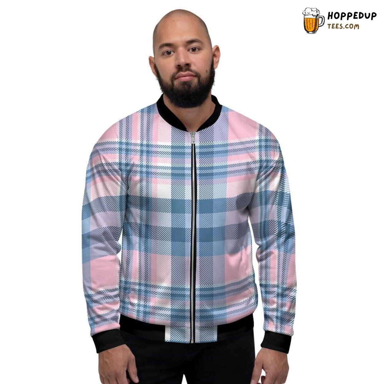 Pastel Blue Pink Plaid Tartan Design Men’s Bomber Jacket Classic Checked Art