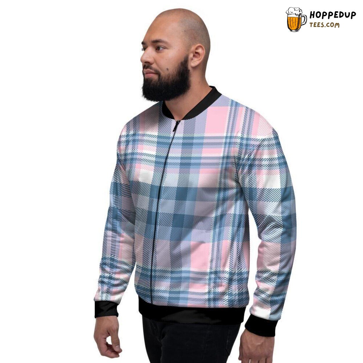 Pastel Blue Pink Plaid Tartan Design Men’s Bomber Jacket Classic Checked Art