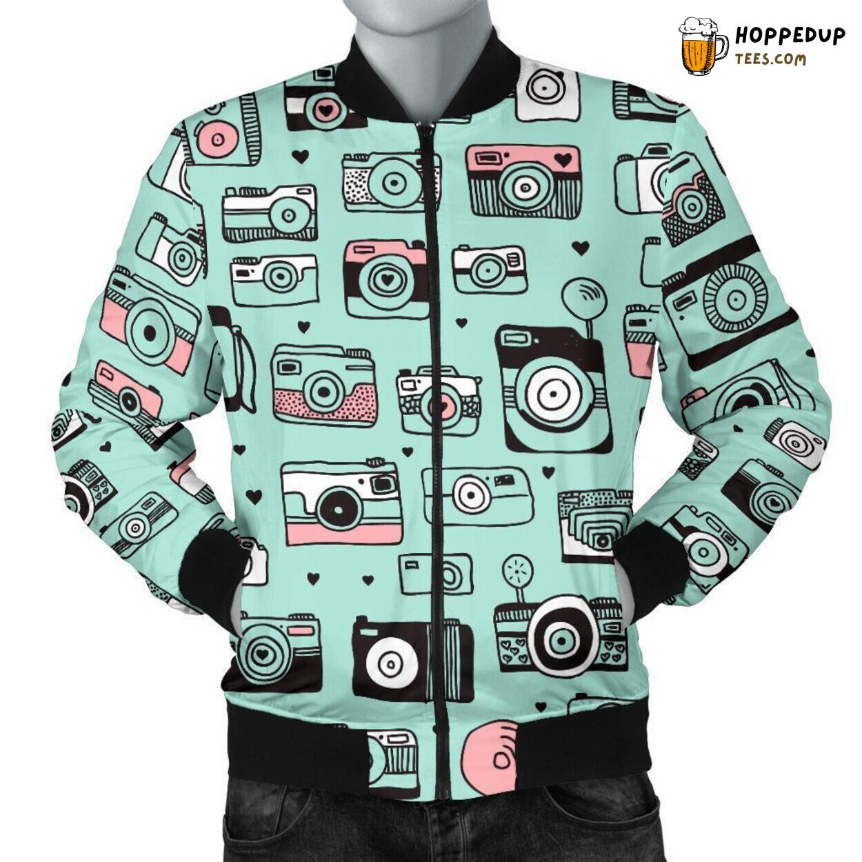 Pastel Camera Hues Men’s Bomber Jacket Showcasing Distinct Pattern Display