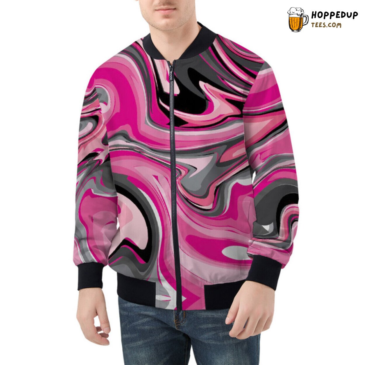 Pastel Delight Presented in Elegant Pink Marble Bomber Jacket
