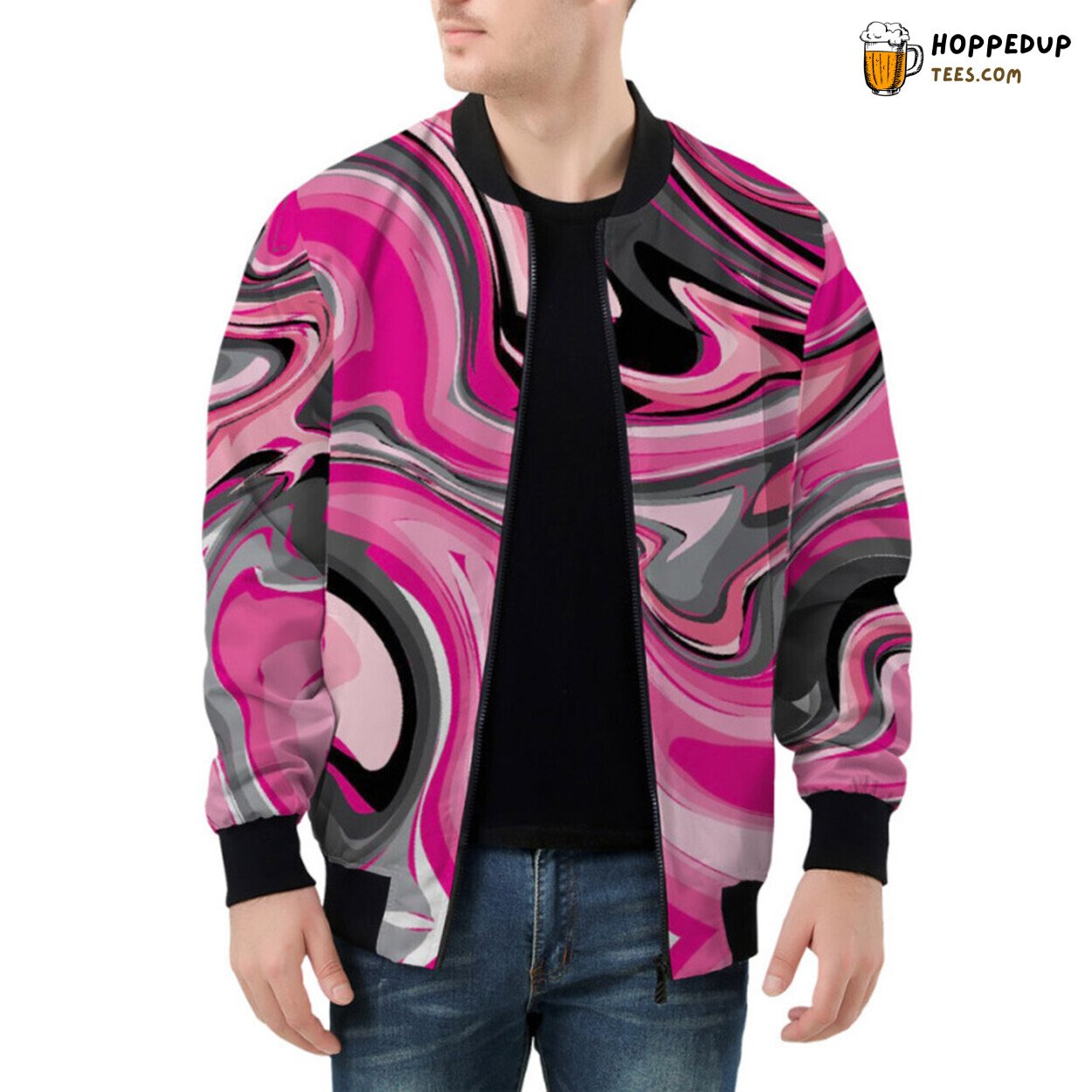 Pastel Delight Presented in Elegant Pink Marble Bomber Jacket