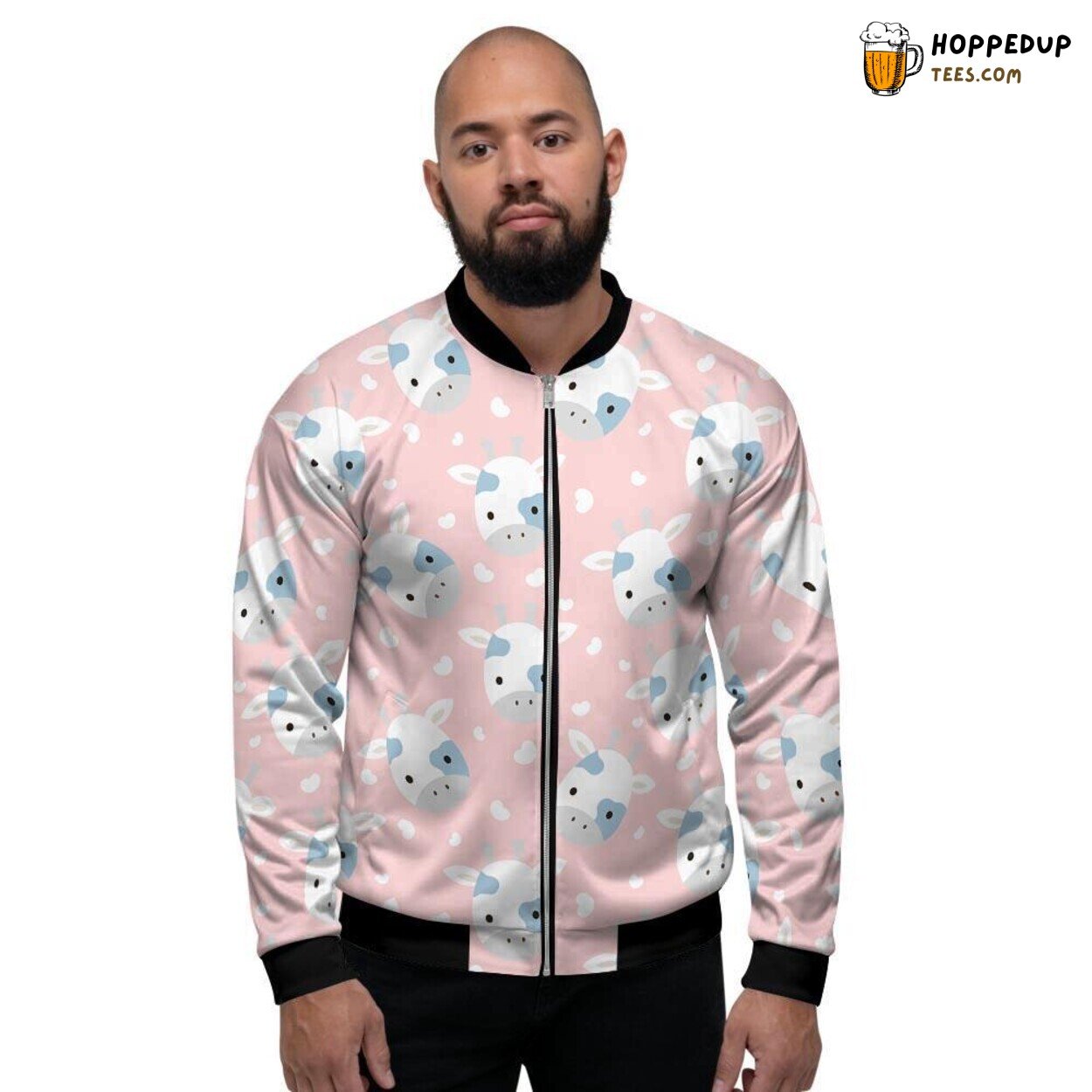 Pastoral Cartoon Cow Patterns Men’s Bomber Jacket Bovine Artistic Display