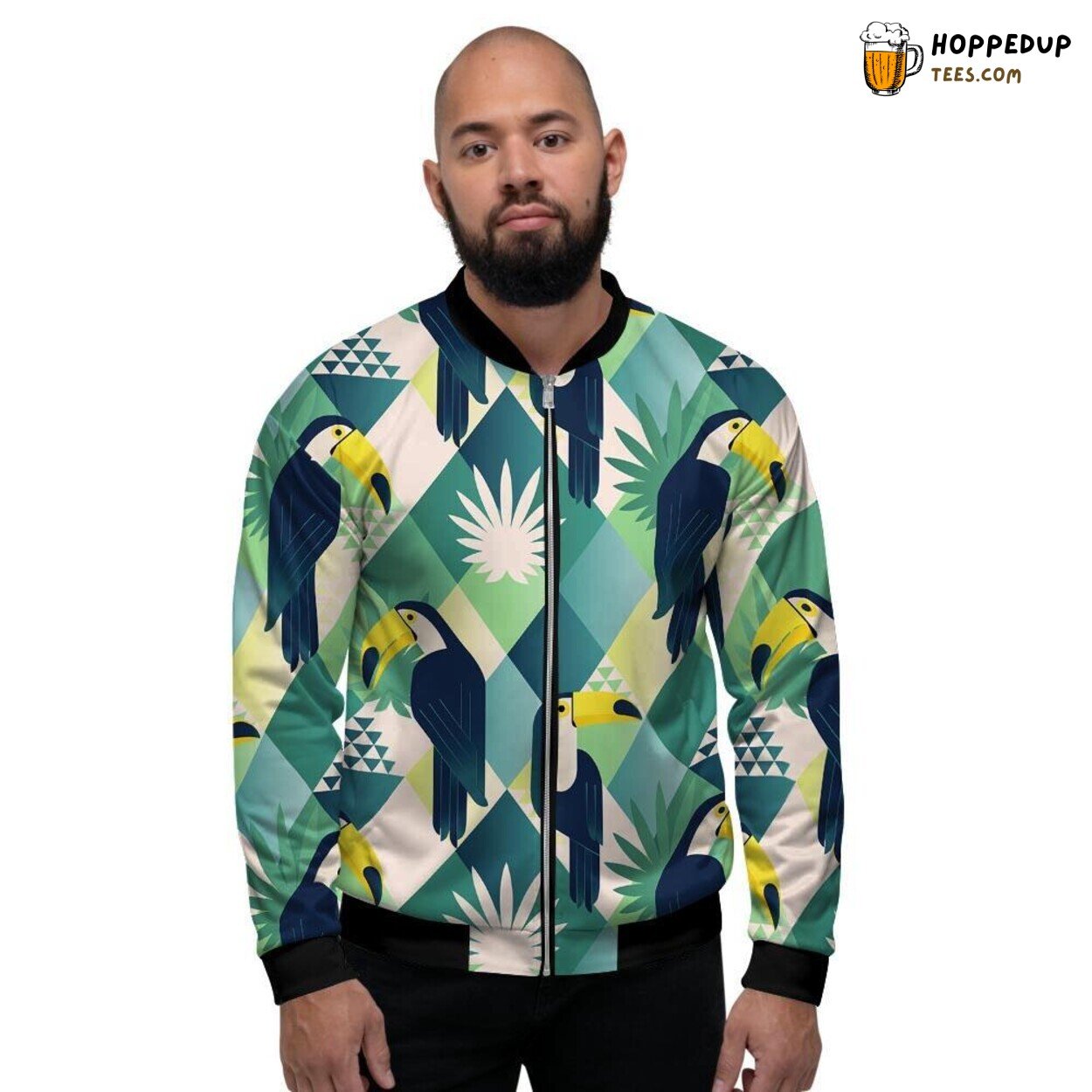 Patchwork Art Toucan Tropical Bird Men’s Bomber Jacket Jungle Theme Display