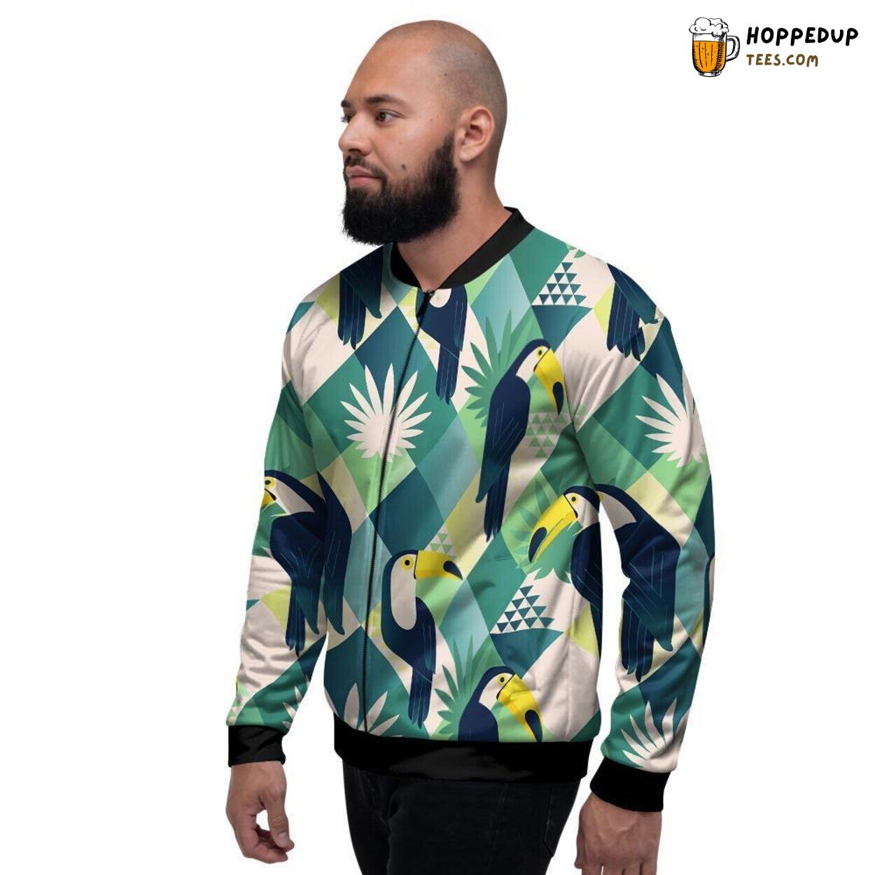 Patchwork Art Toucan Tropical Bird Men’s Bomber Jacket Jungle Theme Display