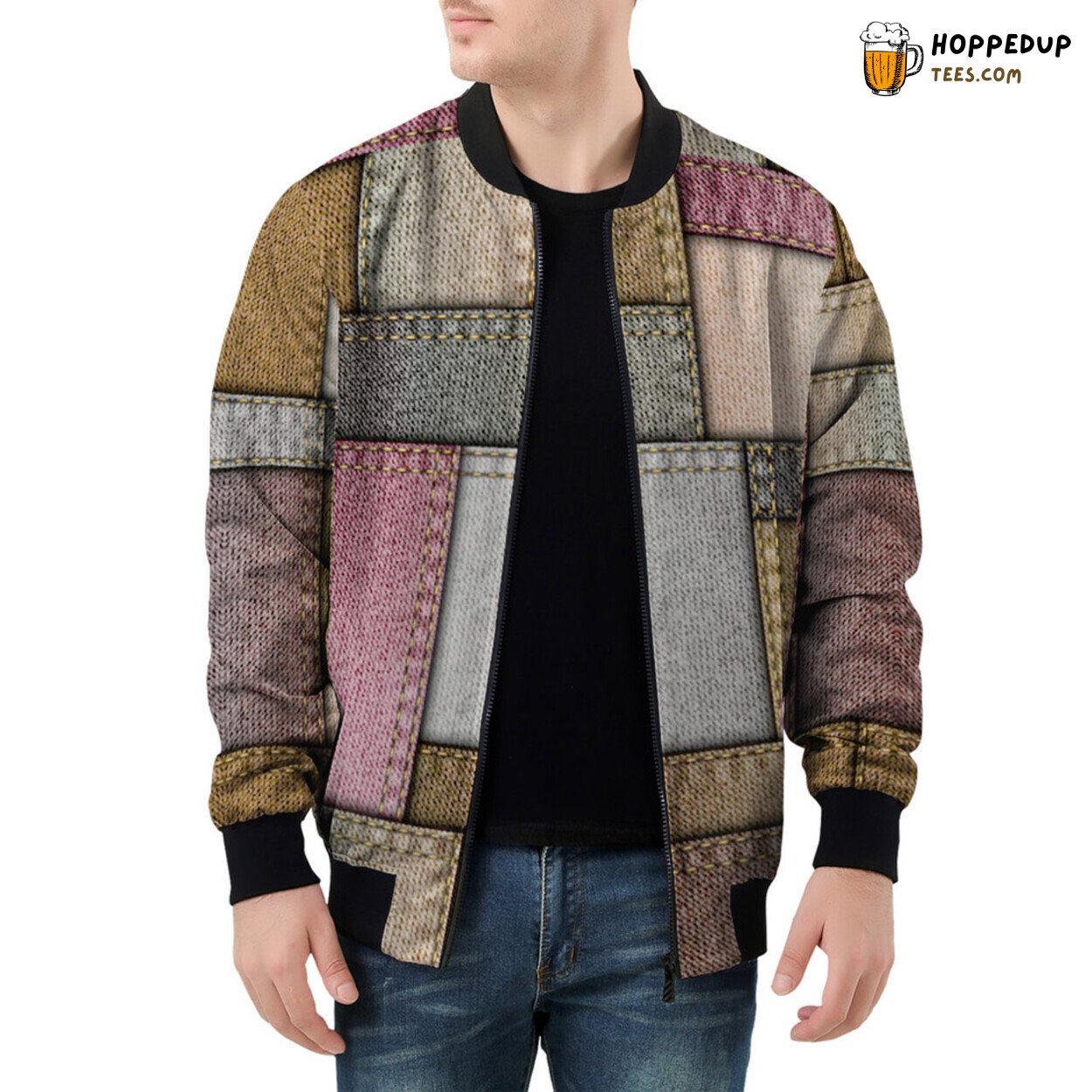 Patchwork Denim Chronicles on Men’s Bomber Jacket Surface
