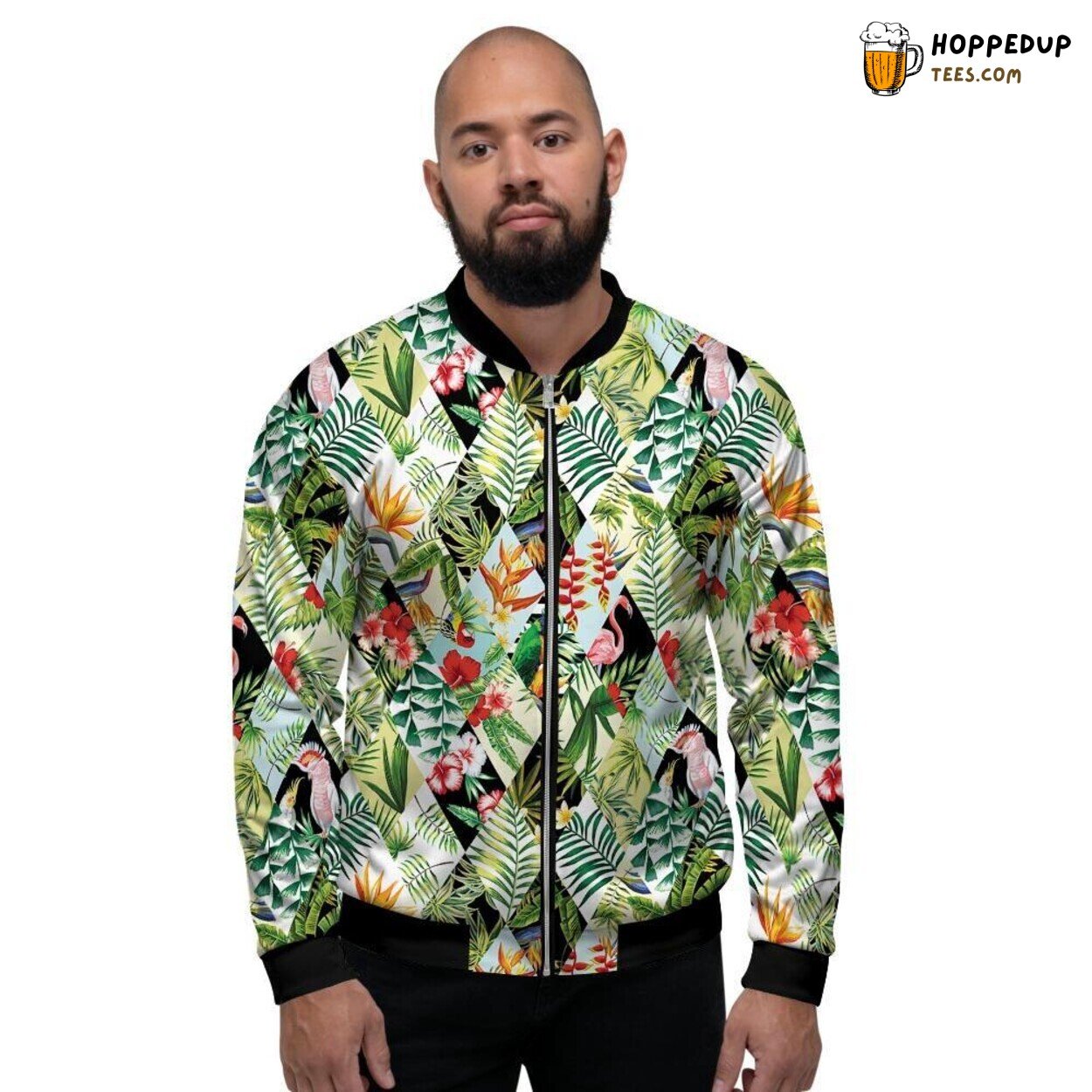 Patchwork Design Tropical Bird Men’s Bomber Jacket Exotic Feathered Fashion