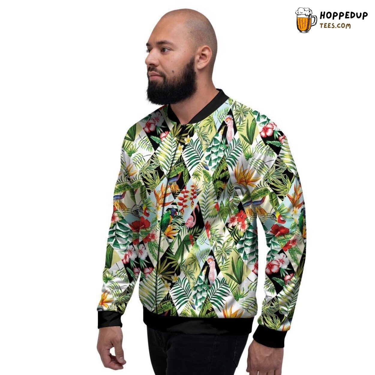 Patchwork Design Tropical Bird Men’s Bomber Jacket Exotic Feathered Fashion