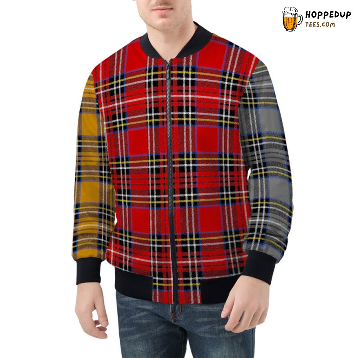 Patchwork of Vivid Colors Meticulously Arranged Checkered Bomber Jacket