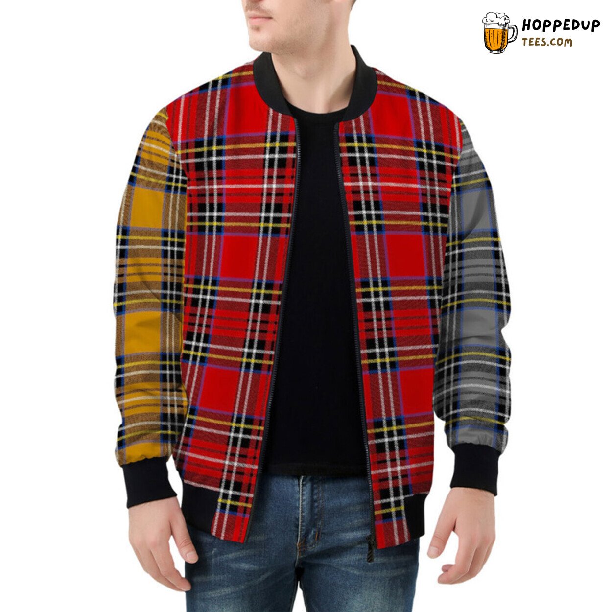 Patchwork of Vivid Colors Meticulously Arranged Checkered Bomber Jacket