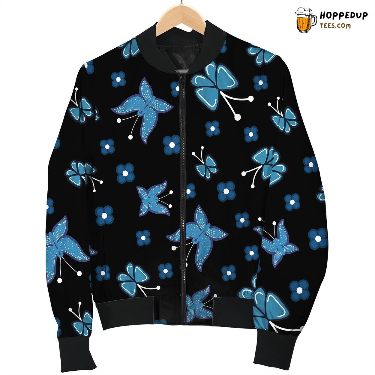 Pattern Blue Flowers Butterflies Effect Bomber Jacket