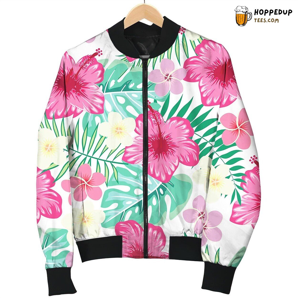 Pattern Hibiscus And Tropical Leaves Bomber Jacket