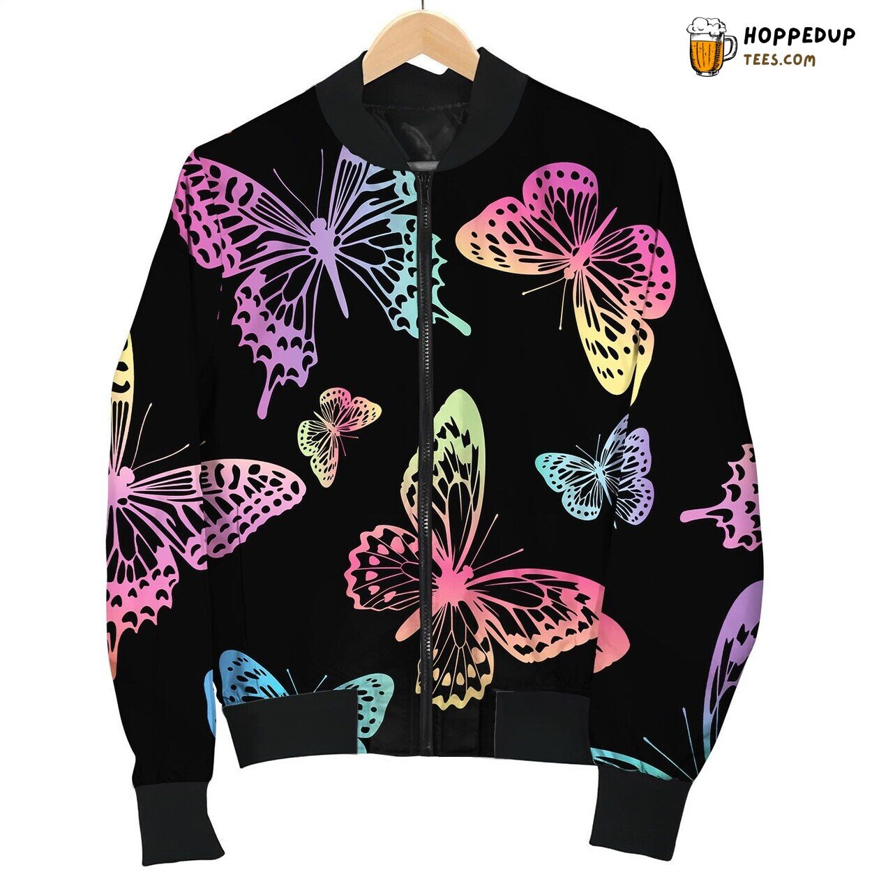 Pattern Rainbow Butterflies On Black Background Bomber Jacket