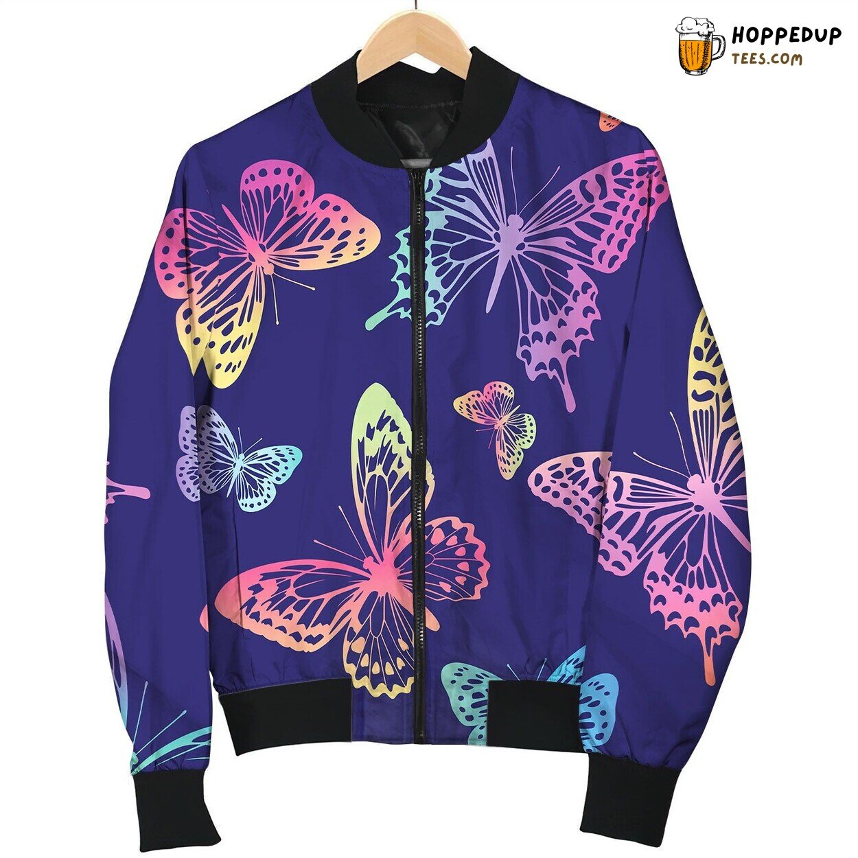 Pattern Rainbow Butterflies On Blue Background Bomber Jacket