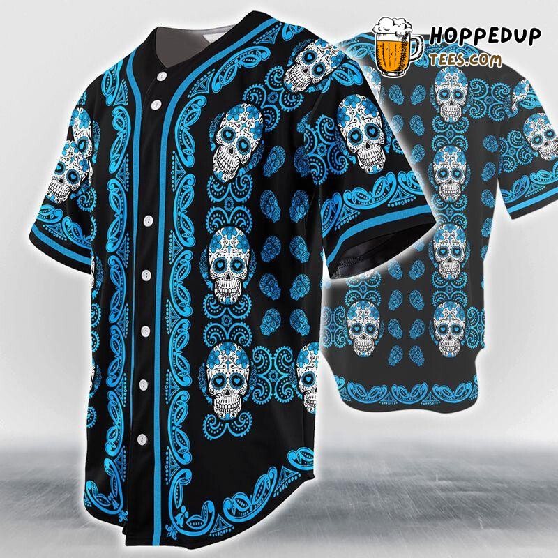 Pattern Skull Head Blue Baseball Tee Jersey Shirts 3D