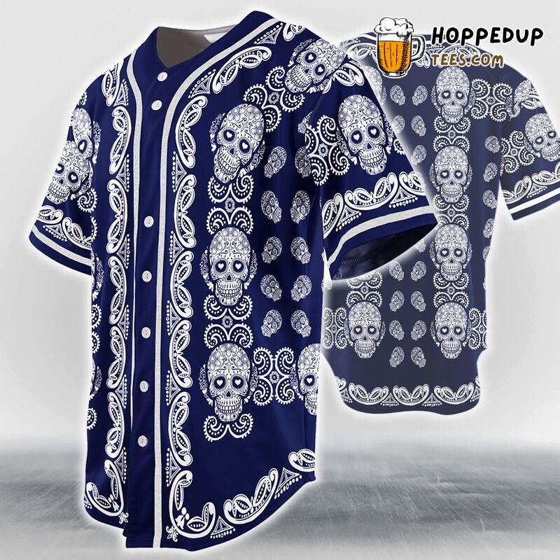 Pattern Skull Head Navy Baseball Tee Jersey Shirts 3D