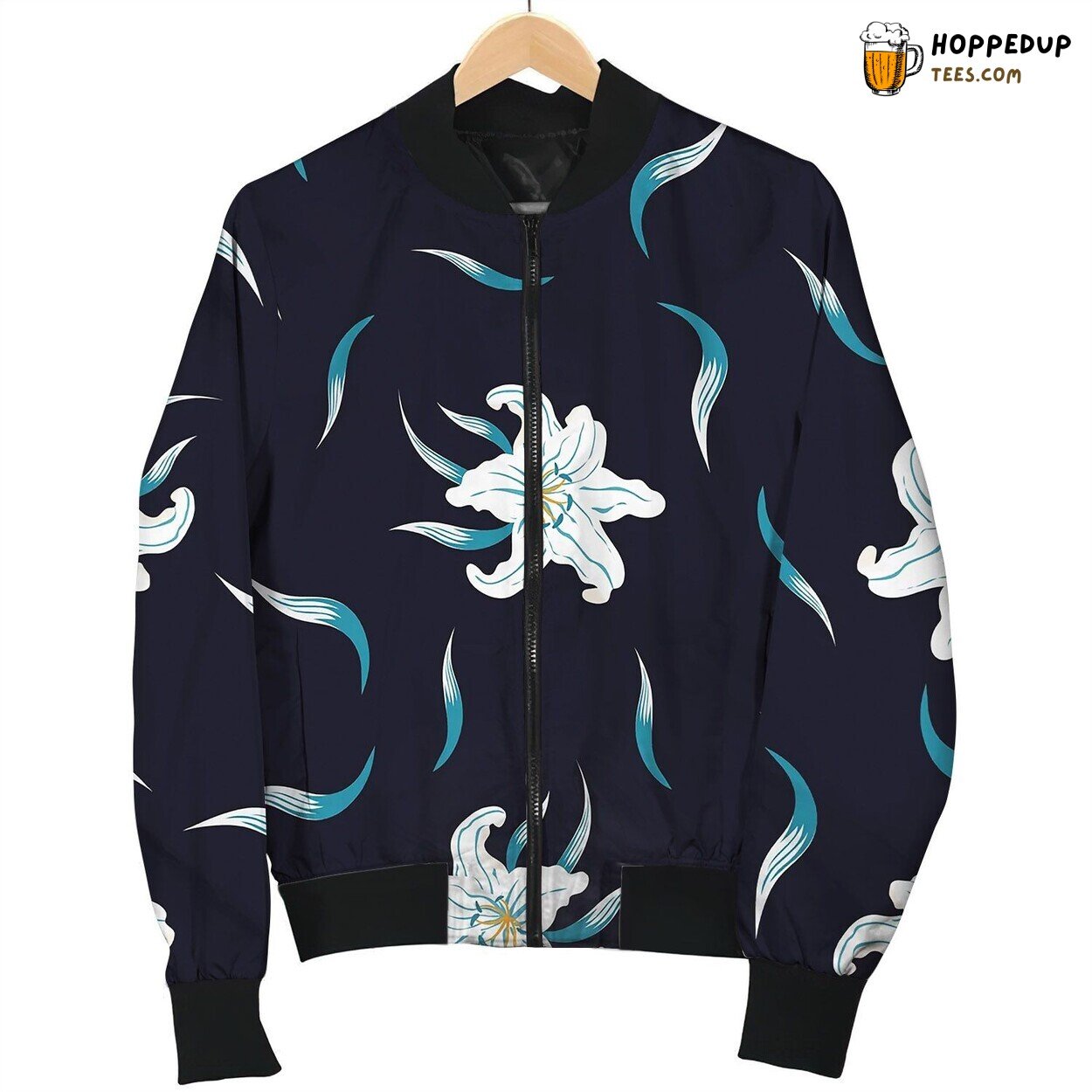Pattern With Blue White Lilies Bomber Jacket