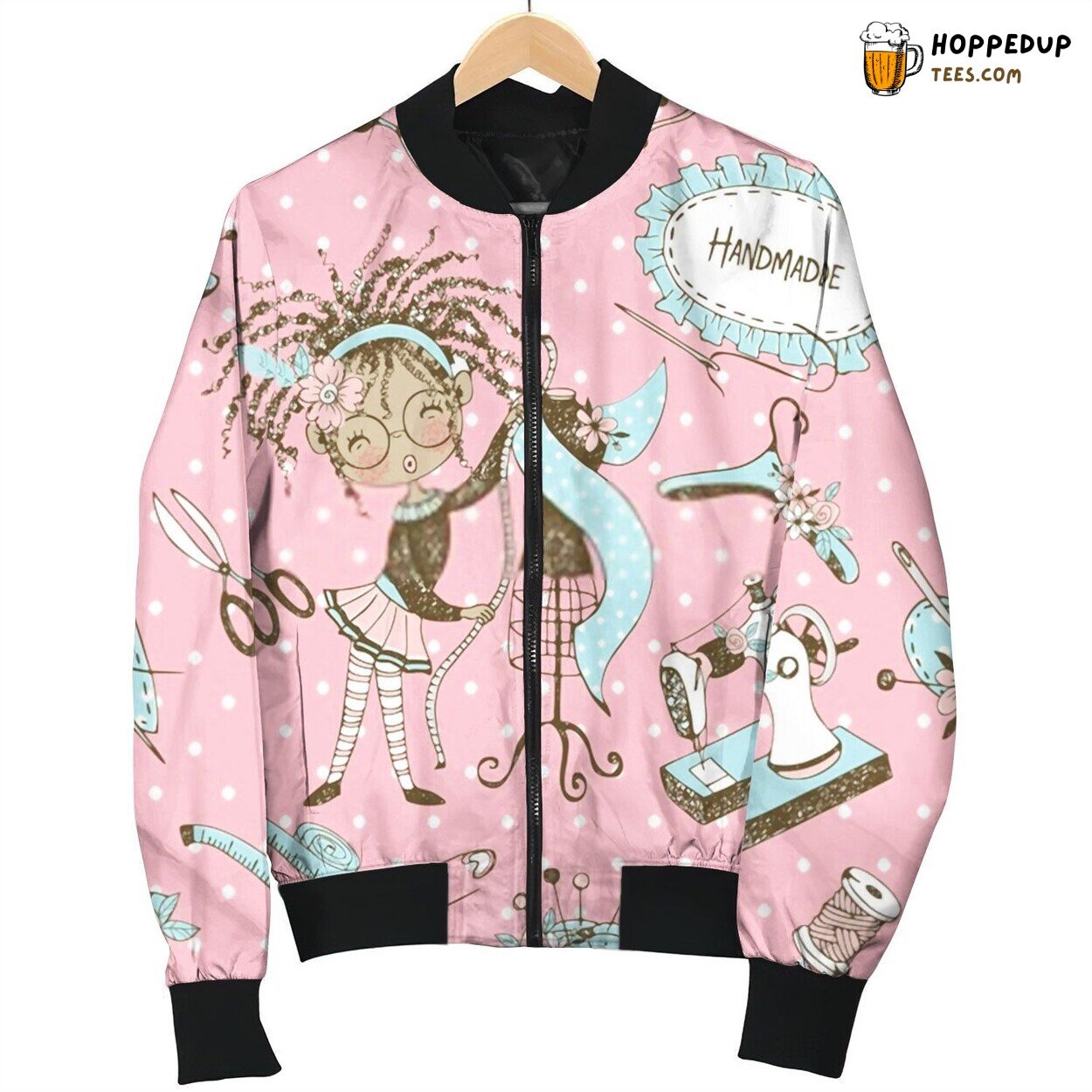 Pattern With Cute Little Dressmaker And Sewing Accessories Bomber Jacket