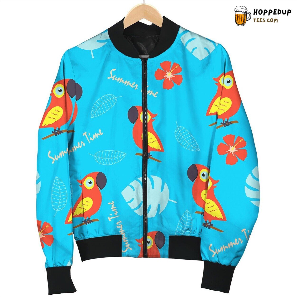Pattern With Cute Parrot And Tropical Leaves Bomber Jacket
