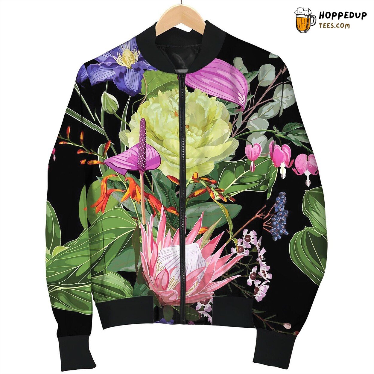 Pattern With Peony And Tropical Bomber Jacket