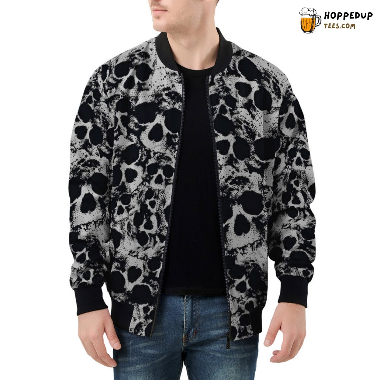 Patterned Display of Grunge Skulls Dominates Men’s Bomber Jacket