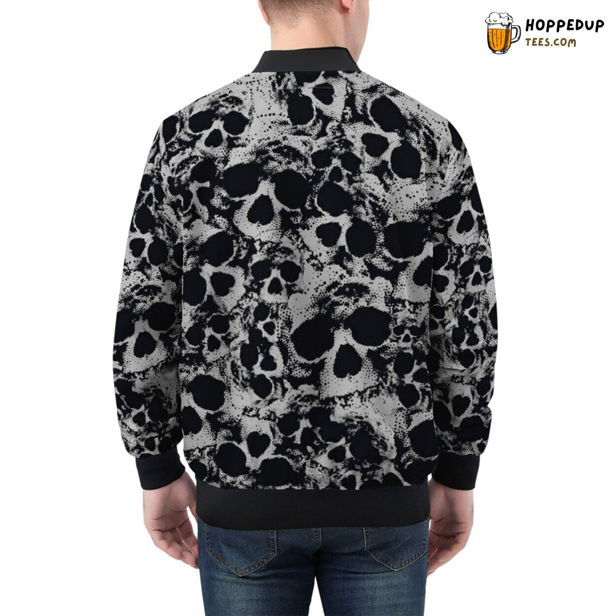 Patterned Display of Grunge Skulls Dominates Men’s Bomber Jacket