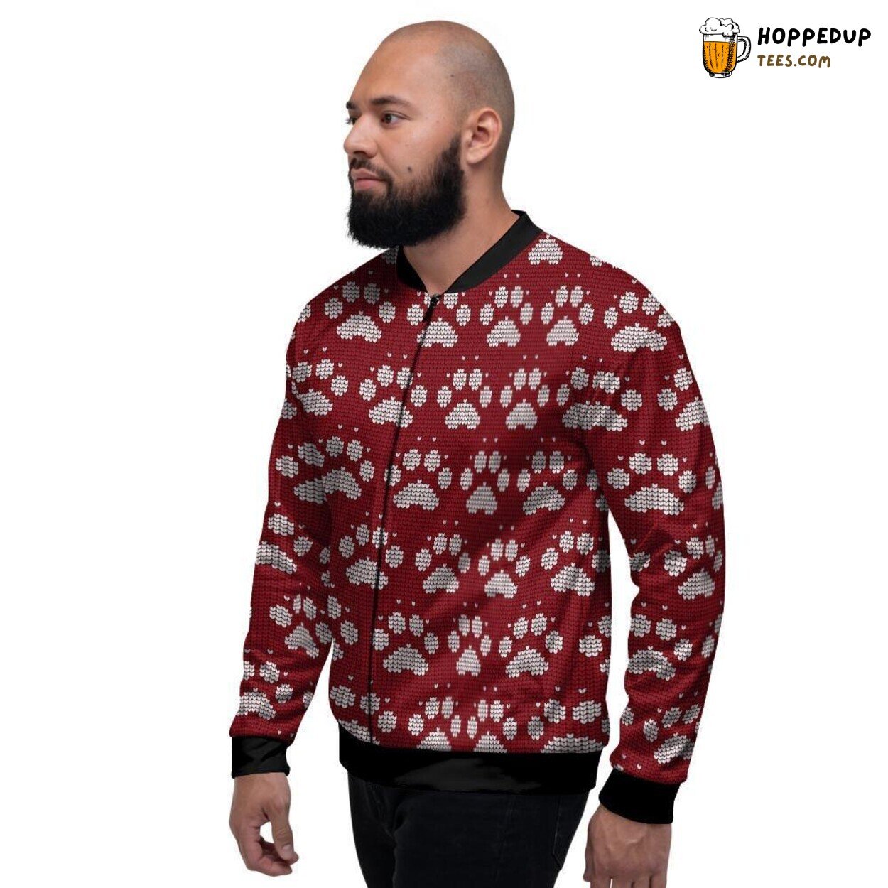 Paw Patterns Christmas Spirit Men’s Bomber Jacket Playful Ugly Sweater Tribute