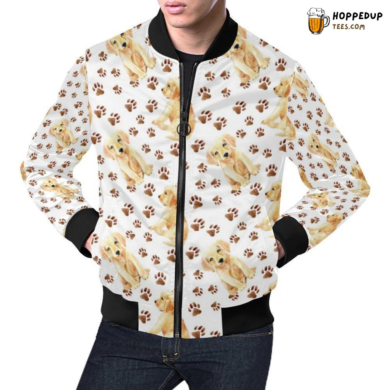 Paw Print Emphasizing Golden Retriever Pattern Men’s Bomber Jacket Paw Print Emphasizing Golden Retriever Pattern Men’s Bomber Jacket
