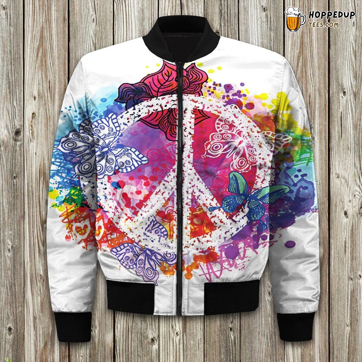 Peace Sign Hippie Watercolor Butterfly Bomber Jacket