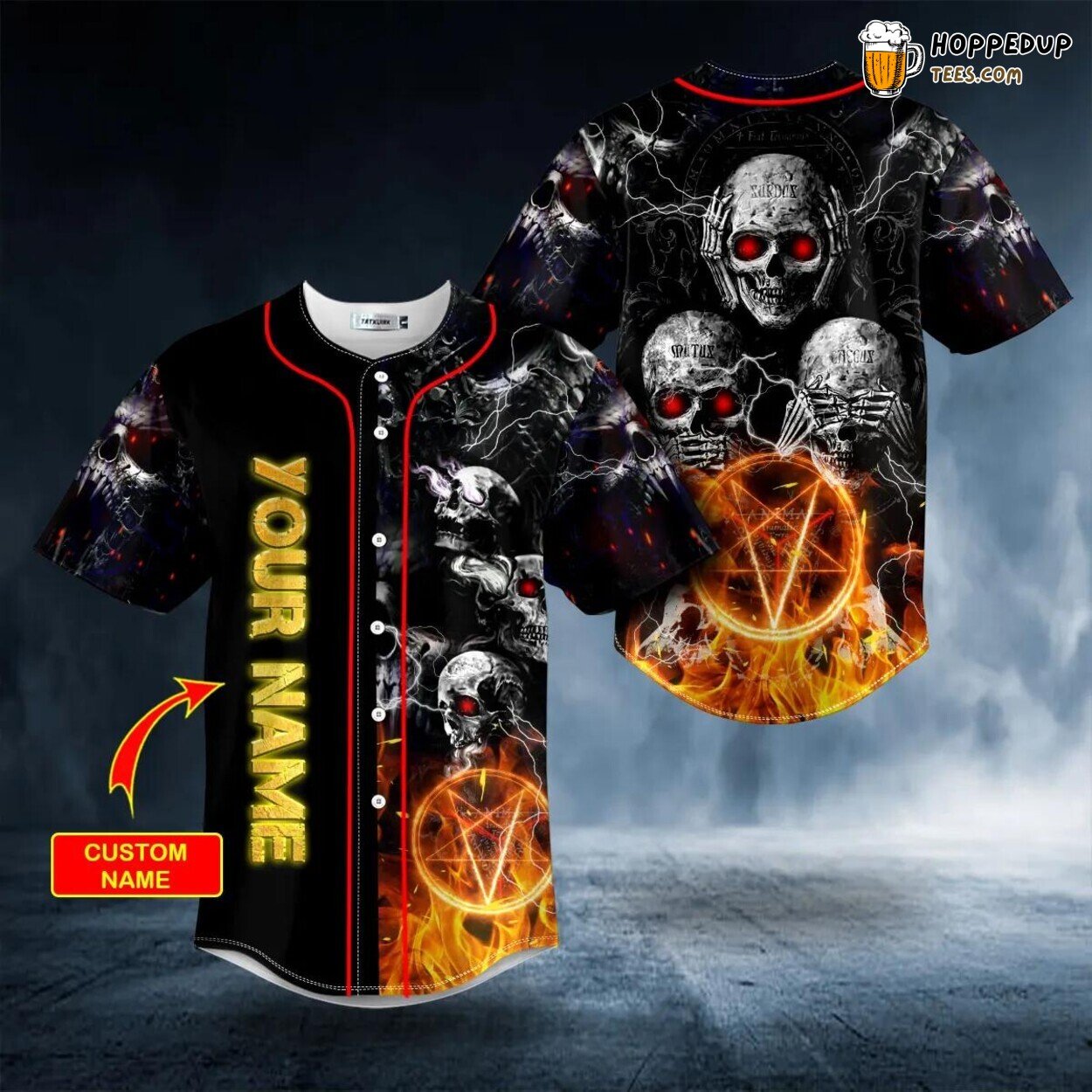 Pentagram Fire Skull Baseball Jersey See Hear Speak No Evil Edition