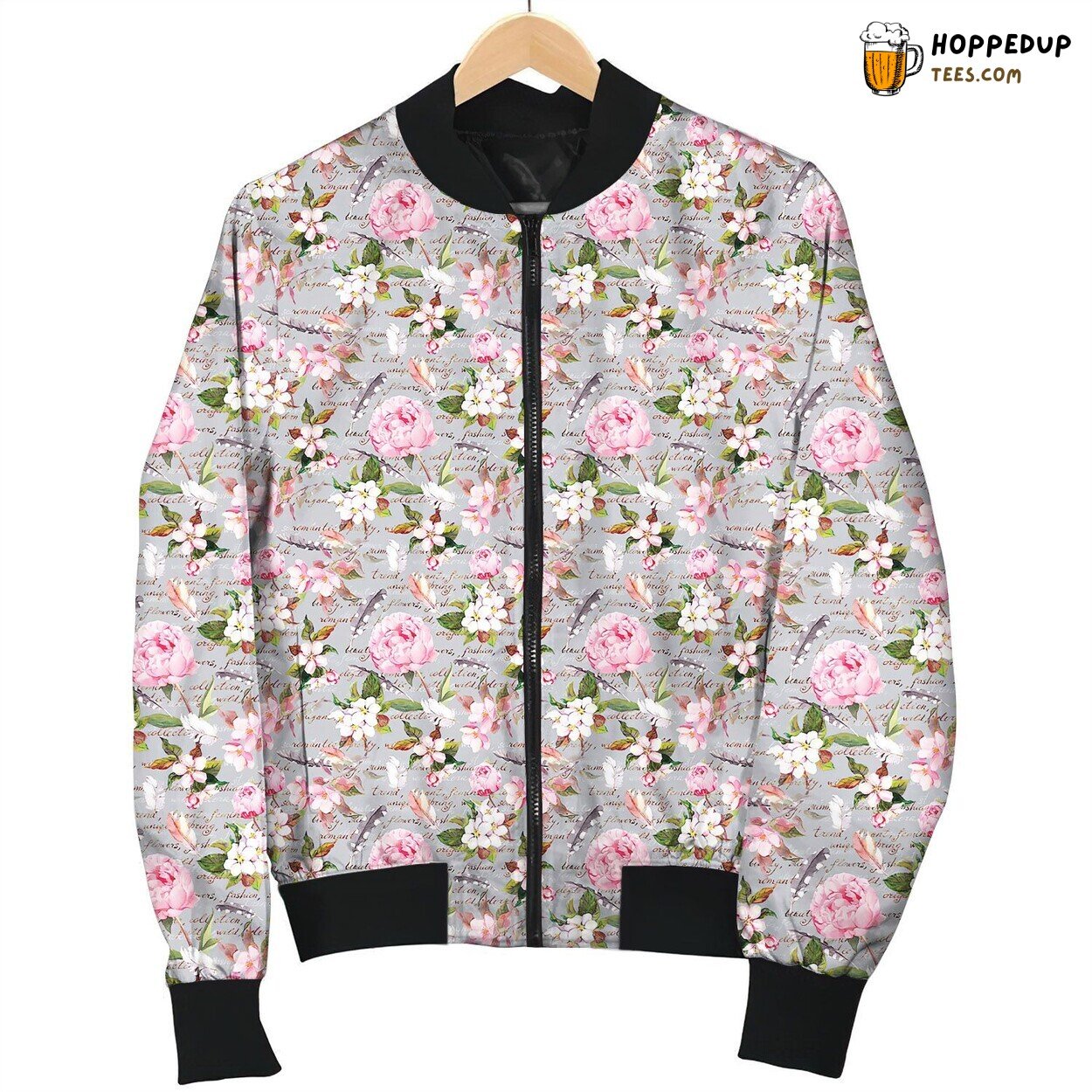 Peony And Text Pattern Bomber Jacket